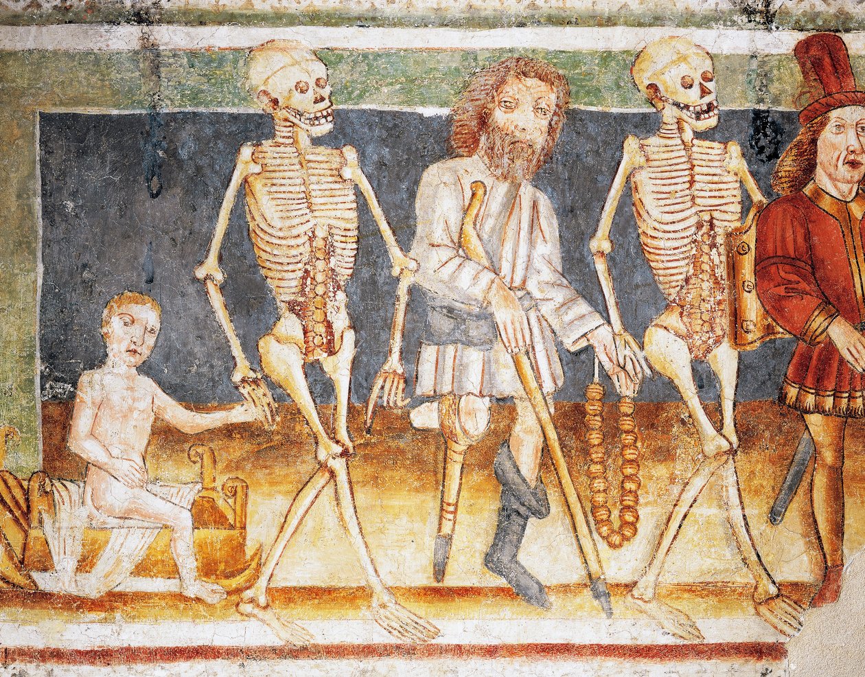 Hrastovlje erődtemplom, Szentháromság-templom, Halál kíséri a gyermeket és a szegényt, Haláltánc (1490), részlet Janez Iz Kastva freskóiból (1490), Szlovénia alkotó: Janez Kastav