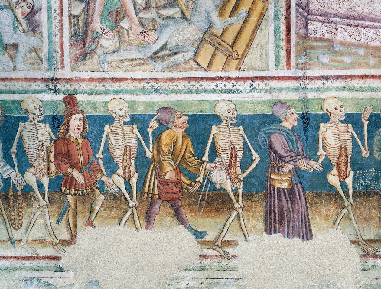 Hrastovlje erődtemplom, Szentháromság-templom, Halál kísérő kereskedő és gazdag bankár, Haláltánc (1490), részlet Janez Iz Kastva, Szlovénia freskóiból alkotó: Janez Kastav