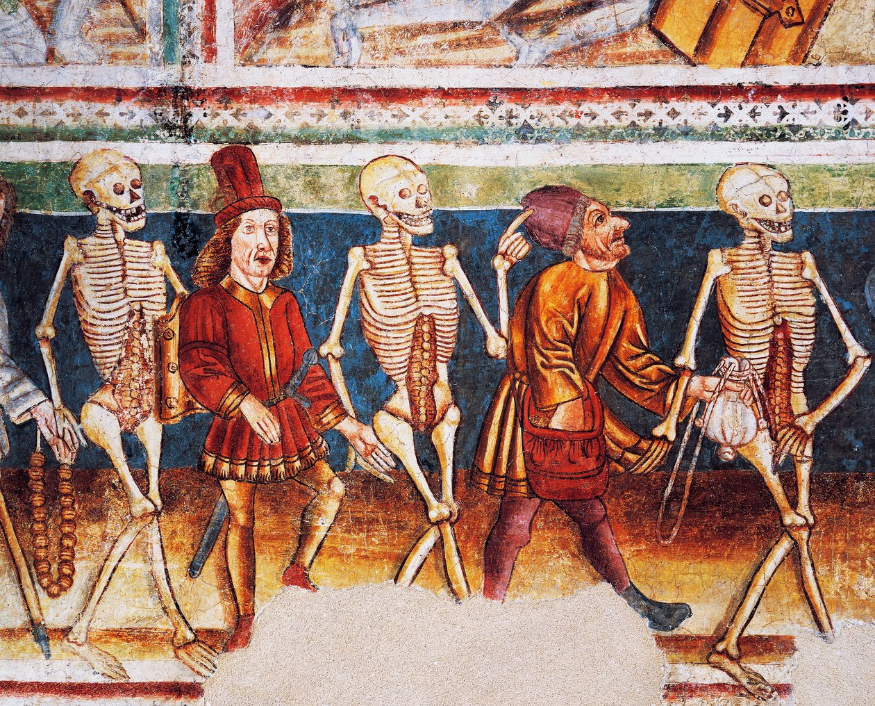 Hrastovlje erődtemplom, Szentháromság-templom, Halál kíséri a kereskedőt és a gazdag bankárt, Haláltánc (1490), részlet Janez Iz Kastva freskóiból, Szlovénia alkotó: Janez Kastav