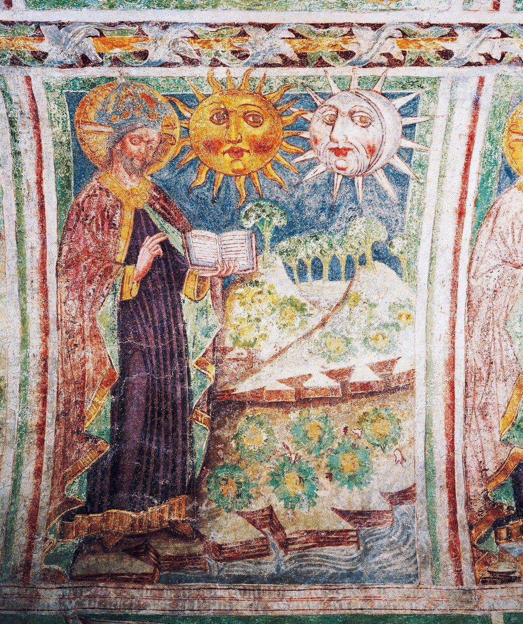 Hrastovlje erődtemplom, Szentháromság-templom, Genezis, Isten teremti a napot, a holdat és a csillagokat (1490), részlet Janez Iz Kastva, Szlovénia freskóiból alkotó: Janez Kastav