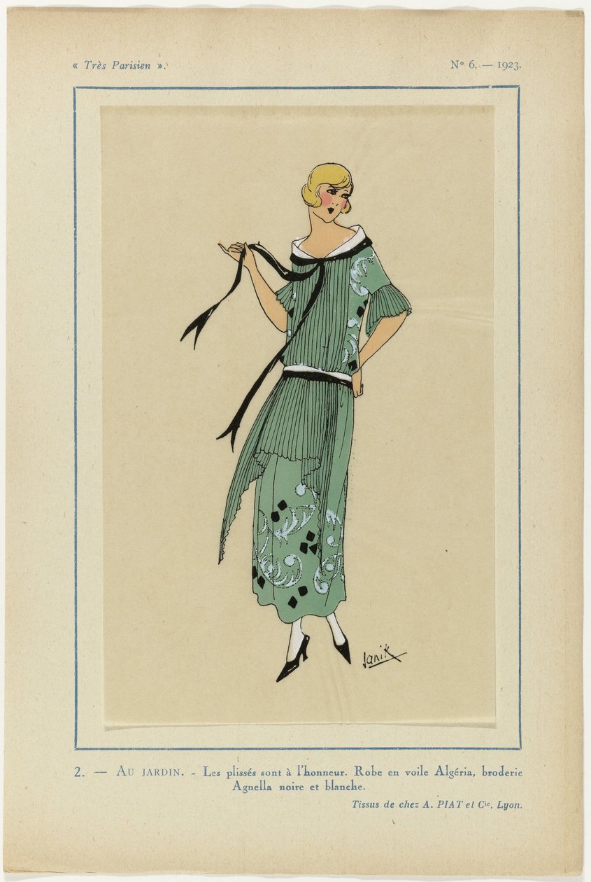 Nagyon párizsi, 1923, 6. sz.: 2.- A KERTBEN. / A redők a reflektorfényben... alkotó: Janik