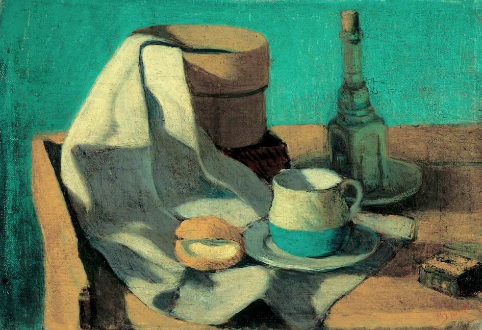 Csendélet szitával, zsemlével és bögrével alkotó: Janos Nagy Balogh