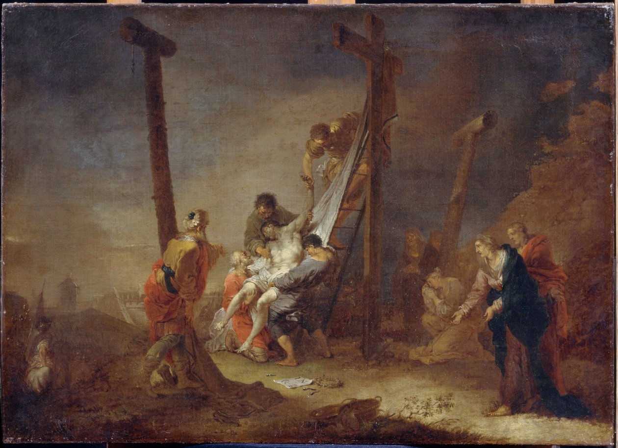 A keresztről való leszállás. A kereszt alján Jézus Krisztus szenvedésének jelképei: szögek, töviskorona és INRI (I.N.R.I) felirat. Johann Rosso Januarius Zick (1730-1797) festménye, olaj, vászon. német művészet alkotó: Januarius Zick