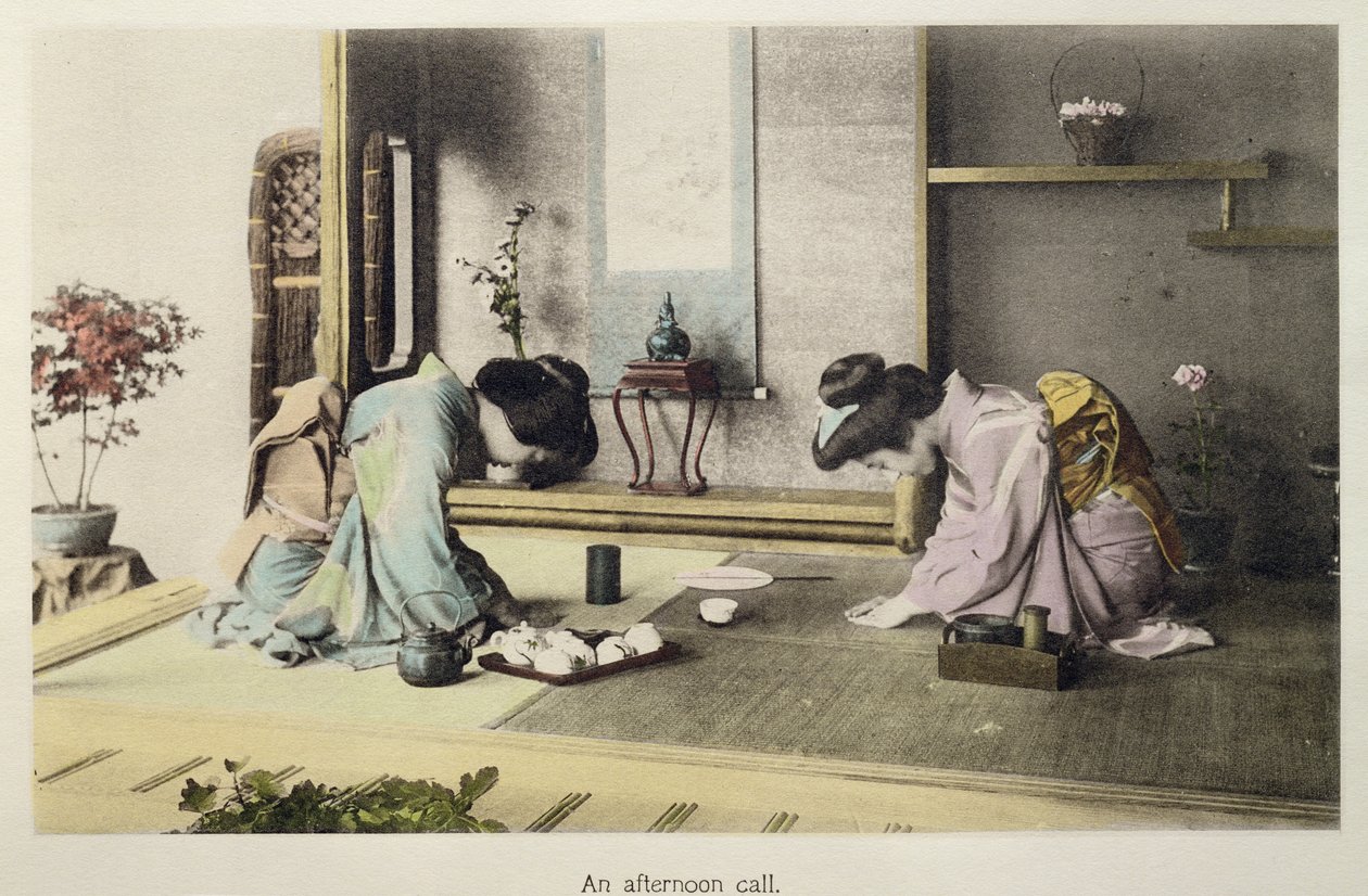 Délutáni hívás, 1880 körül (kézzel színezett albuminnyomat a kártyán) alkotó: Japanese Photographer