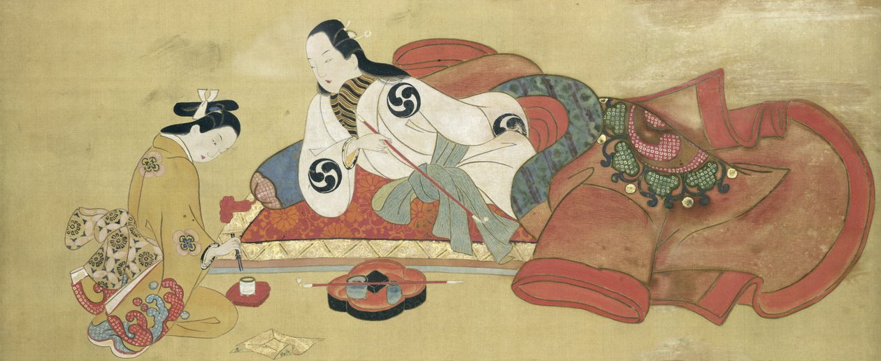 Dohányzó férfi és szolgája (festett selyem) alkotó: Japanese School