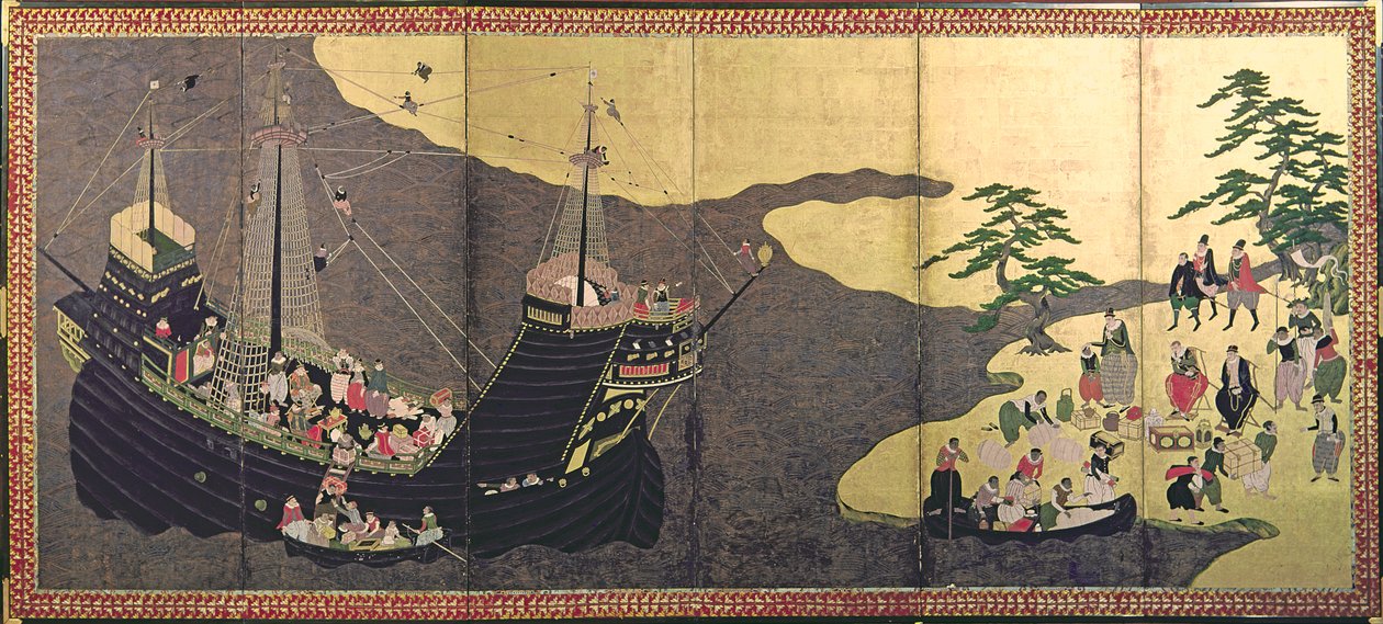 A portugálok érkezése Japánba 1640-ben alkotó: Japanese School