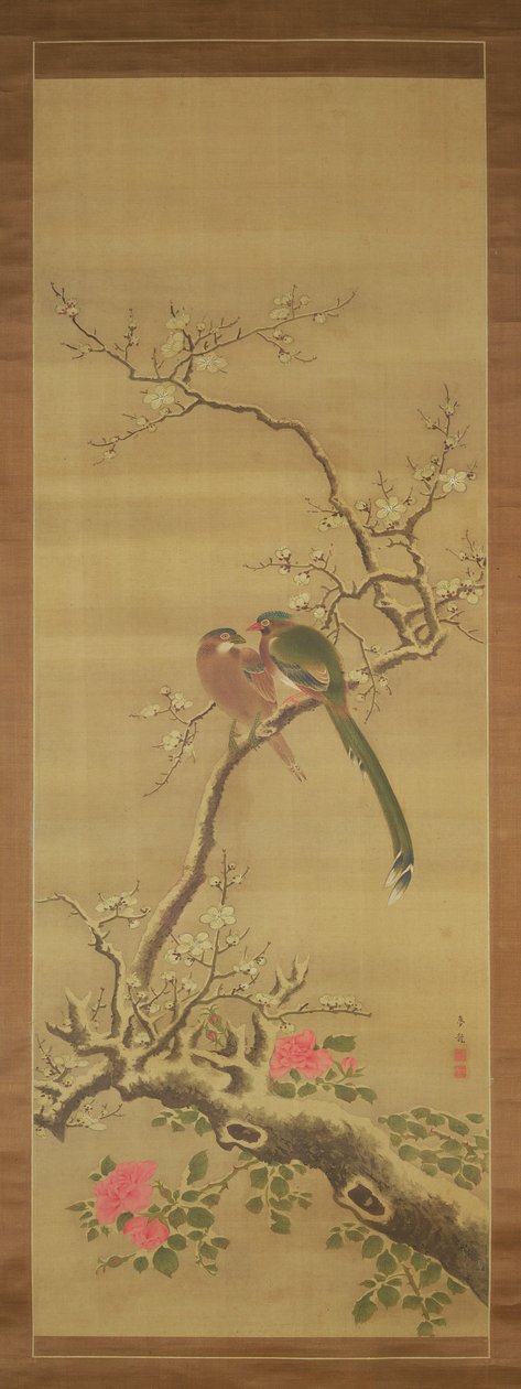 Madarak a havas ágon (tinta és színek selyemen) alkotó: Japanese School