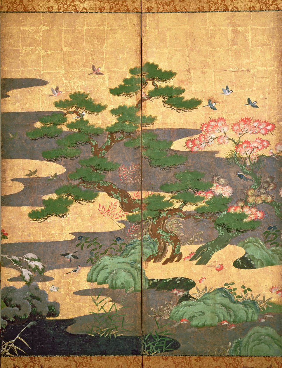 Madarak őszi és téli virágokkal (toll és tinta, színes és arany papírra, panelen) (lásd 216542, 216544, 216545) alkotó: Japanese School