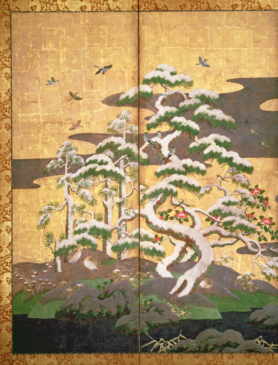 Madarak őszi és téli virágokkal (toll és tinta, színes és arany papír a panelen) (lásd: 216543, 216544, 216545) alkotó: Japanese School