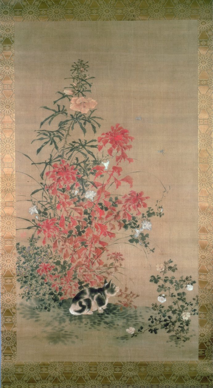 Macska virágok között (tinta és színek selyemen) alkotó: Japanese School