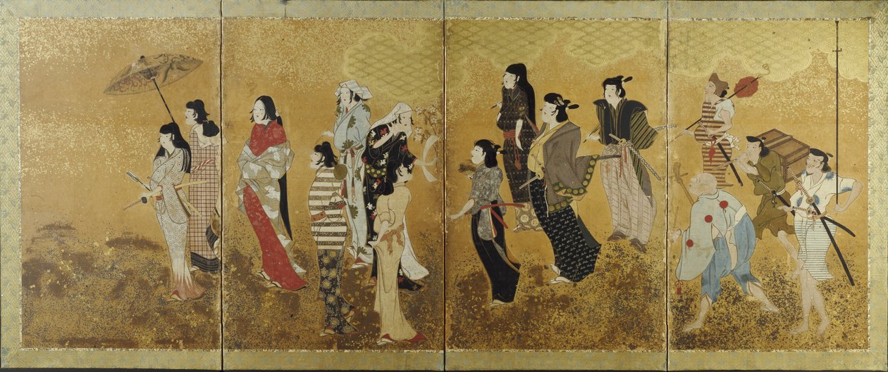 Cherry Blossom Viewing Picnic, 1624-44 körül (négyszeres képernyő, tinta, színes és aranylevél papíron) alkotó: Japanese School