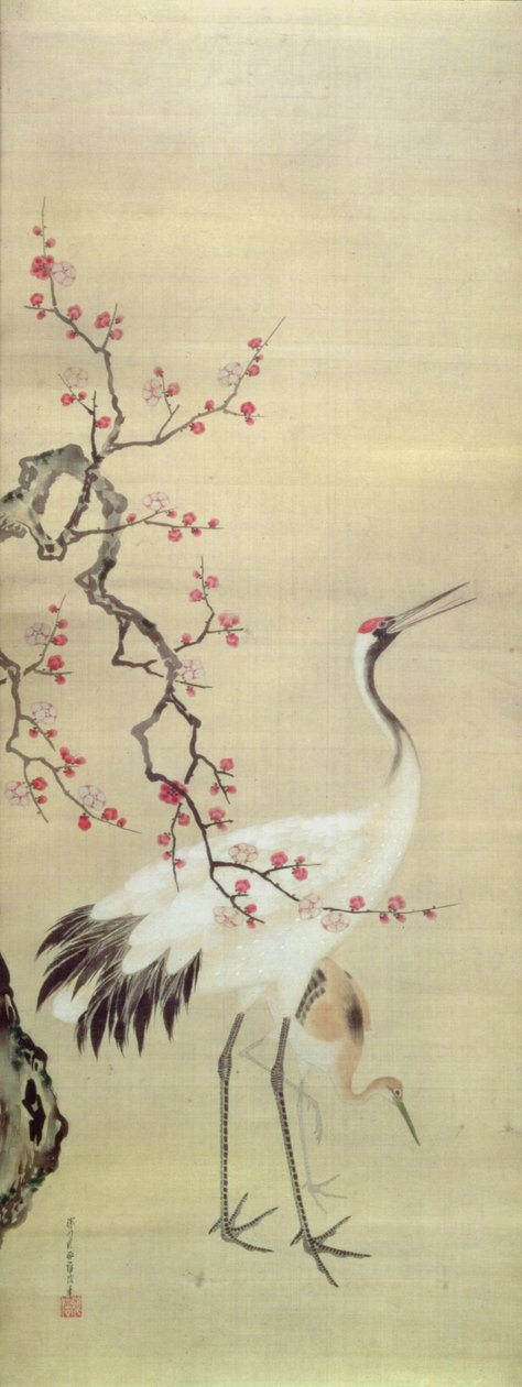 Crane and Blossom, 1850-80 körül (tinta és szín a selyemen) alkotó: Japanese School