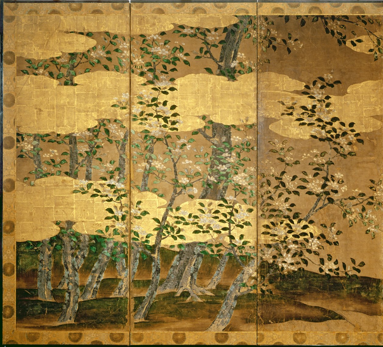 Kamélia virágai (toll és tinta, színes, arany papír a panelen) (lásd: 216566) alkotó: Japanese School