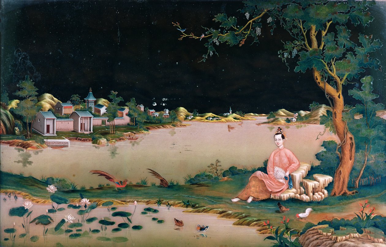 Japán tükörfestmény, amelyen egy lány ül, 1800 körül alkotó: Japanese School