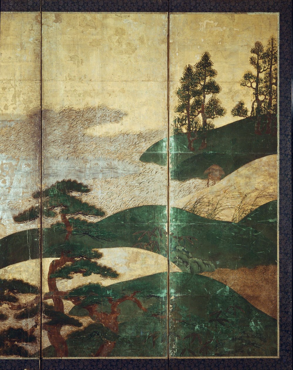 Holdfény táj (toll és tinta, színes, arany papír a panelen) (lásd: 216573, 216574) alkotó: Japanese School
