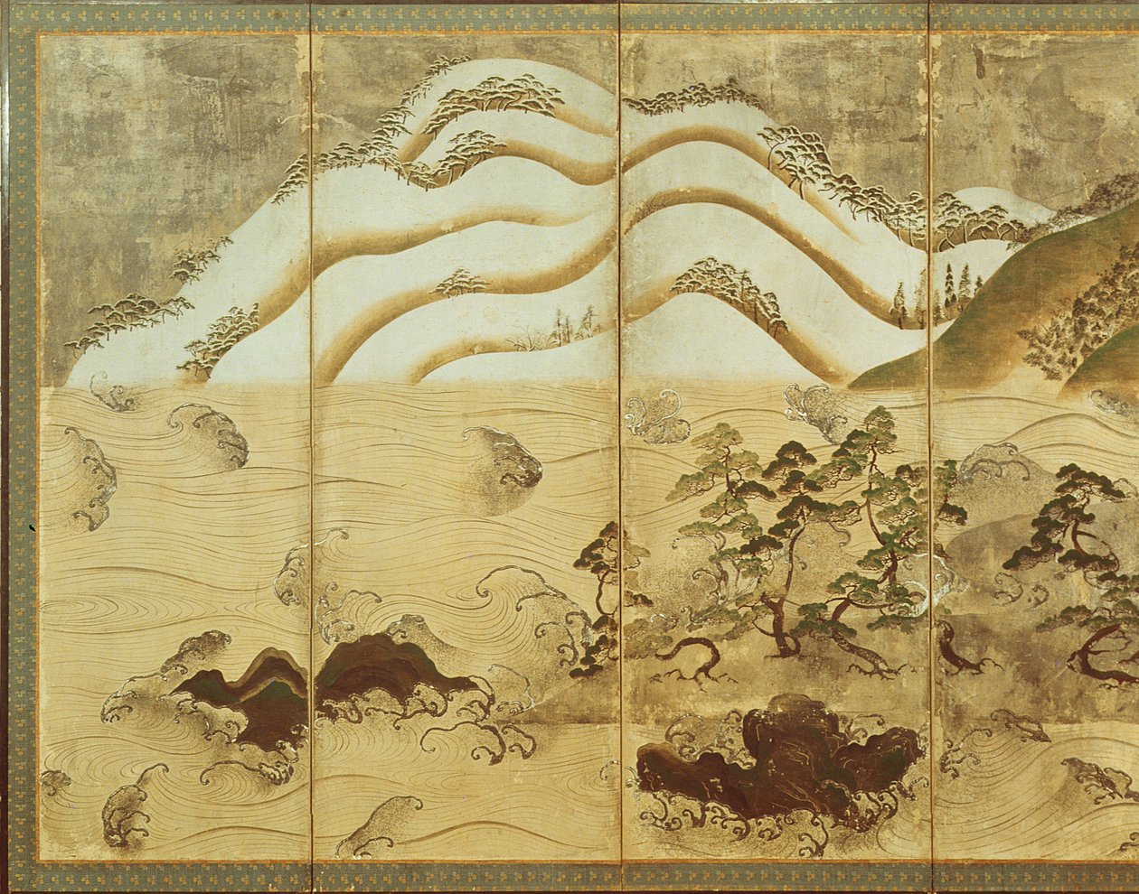 Holdfényes téli táj, egy hatpaneles összecsukható képernyő része (színes papíron) (lásd: 216548) alkotó: Japanese School