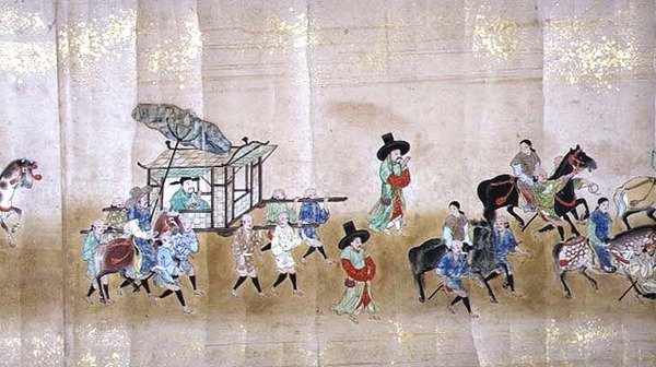 Korea hatodik nagykövetsége Japánban a Meireki 1-ben a Tokugawa Ietsunas utódlás idején, 1651-ben, valószínűleg Kano Masunobu (1625-94) (tekercsfestmény) (részlet) (lásd még: 120834) alkotó: Japanese School