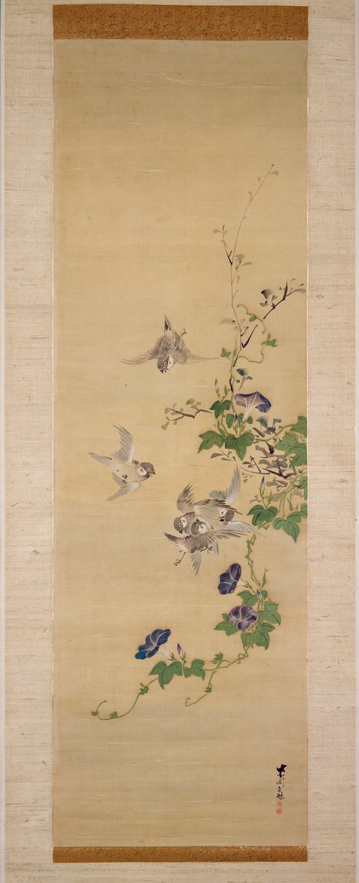 Verebek és hajnali fény (tinta és színek selyemen) alkotó: Japanese School