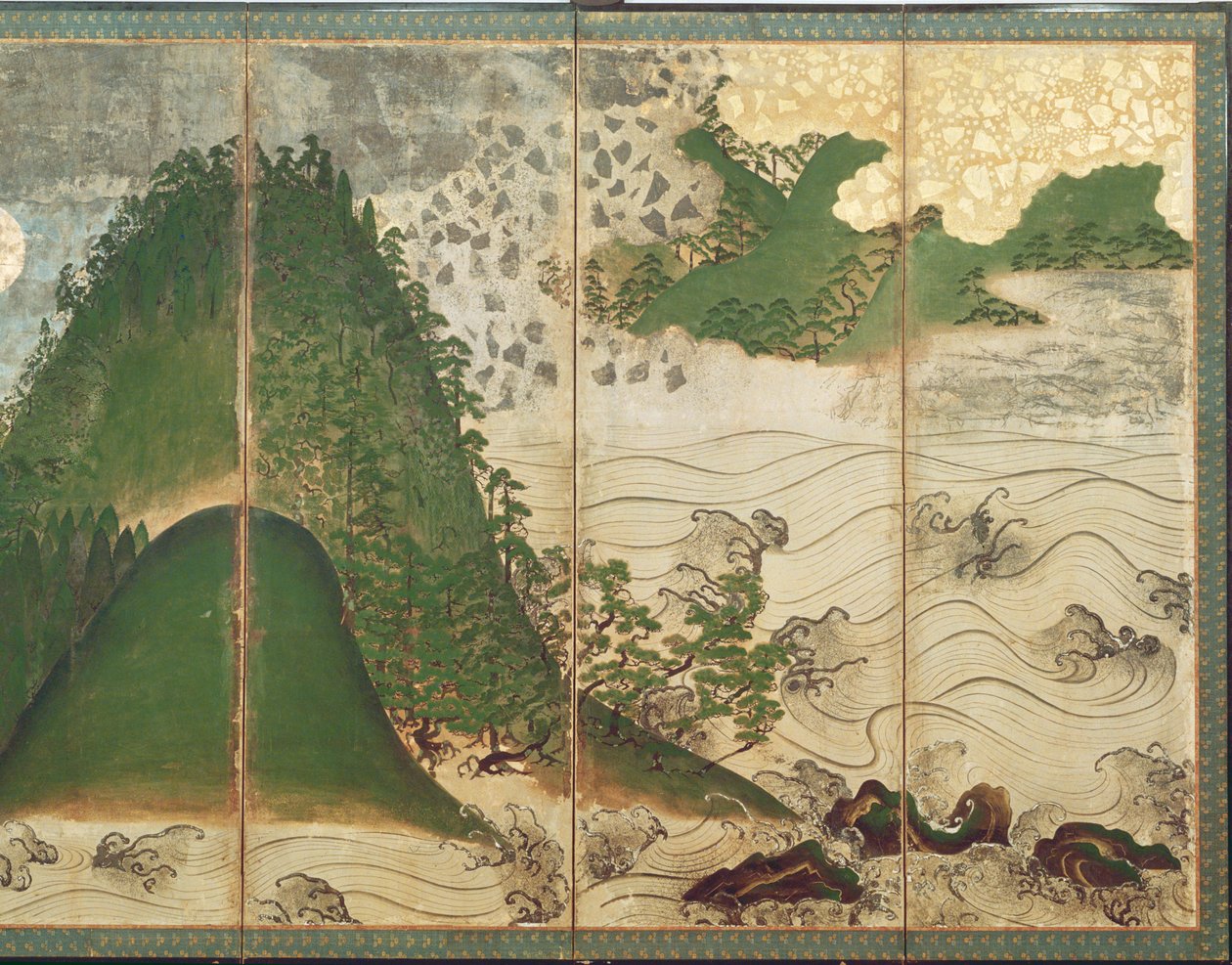 Tavaszi táj a Nappal, egy hatpaneles összecsukható képernyő része (színes papíron) (lásd: 216549) alkotó: Japanese School