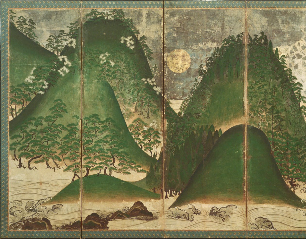 Tavaszi táj napfénnyel, egy hatpaneles hajtogatott vászon része (színes, papír) (lásd 216550) alkotó: Japanese School