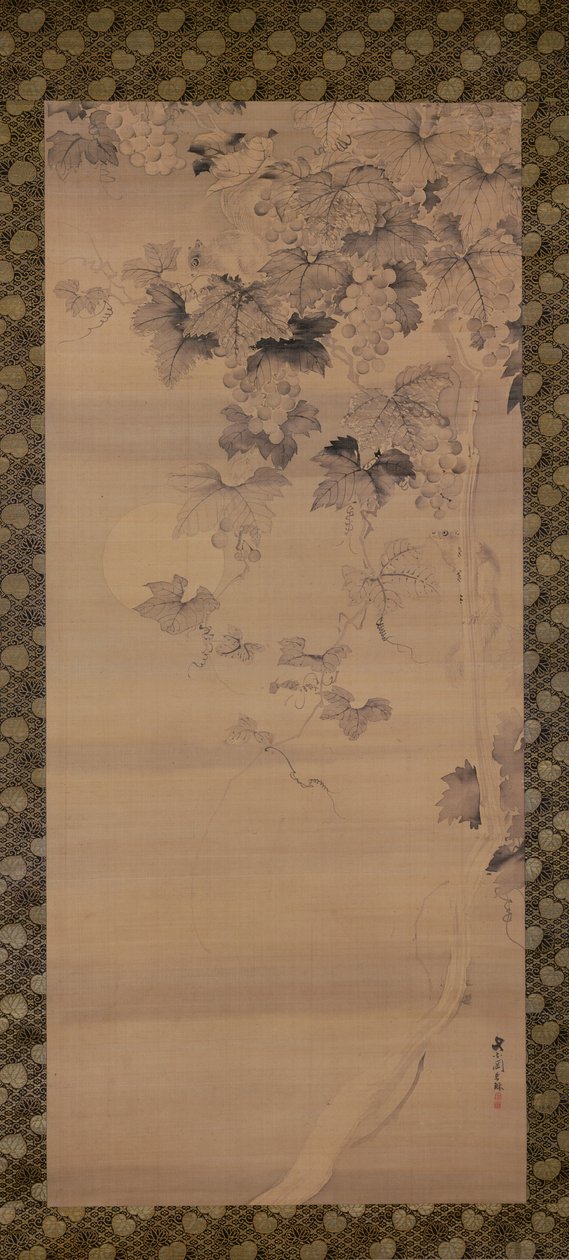 Mókus szőlőtőn holdfényben (tinta selyemen) alkotó: Japanese School