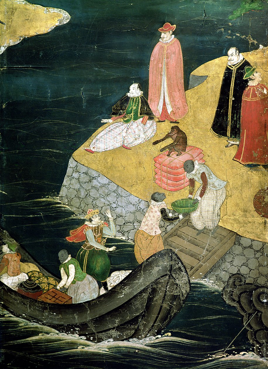 A portugálok érkezése Japánba, részlet a rakomány berakodásáról egy Namban Byobu képernyőről, 1594-1618 alkotó: Japanese School