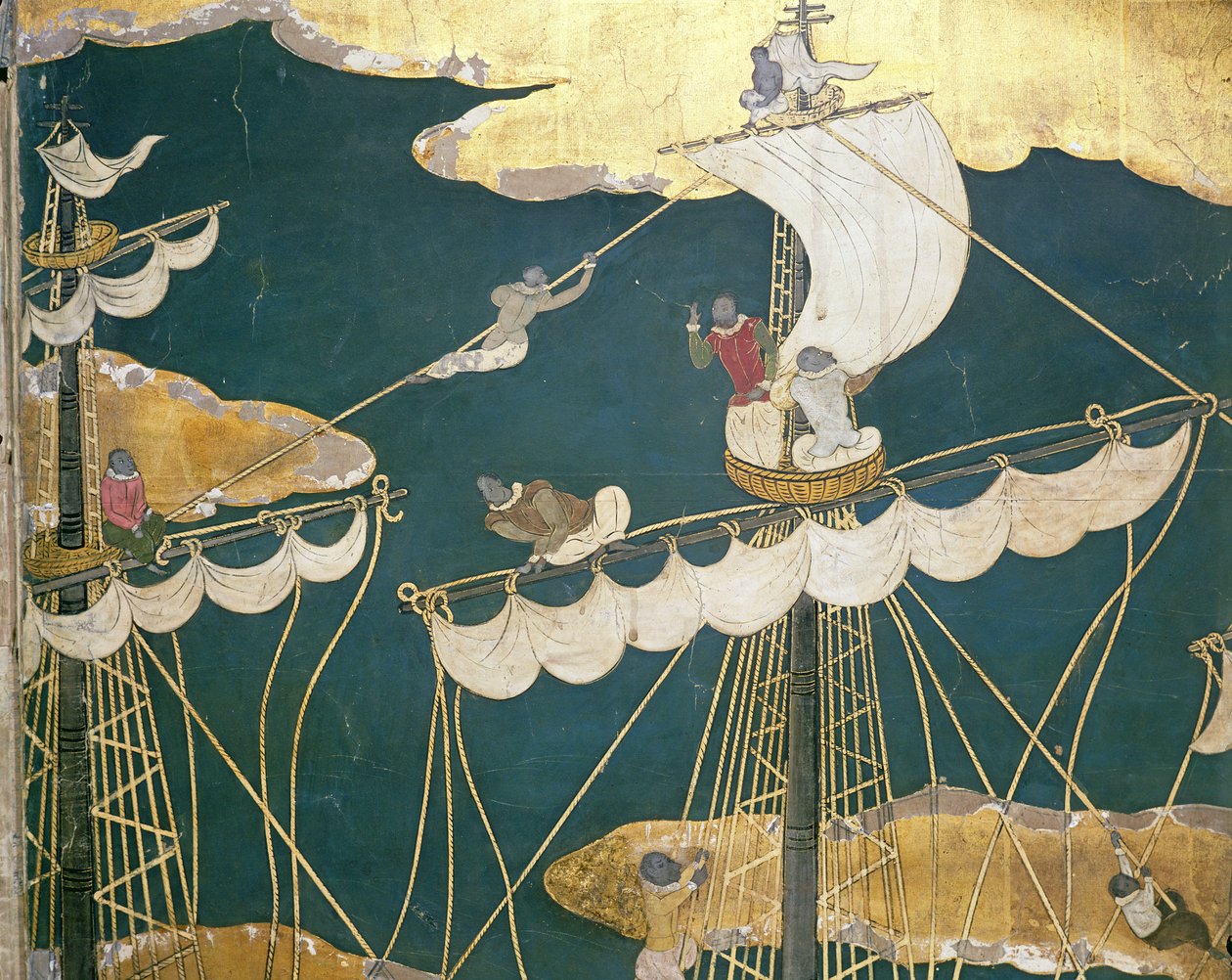 A portugálok megérkezése Japánba, a hajó árbocának és a varjúfészeknek a részlete, egy Namban Byobu vászonról, 1594-1618. alkotó: Japanese School