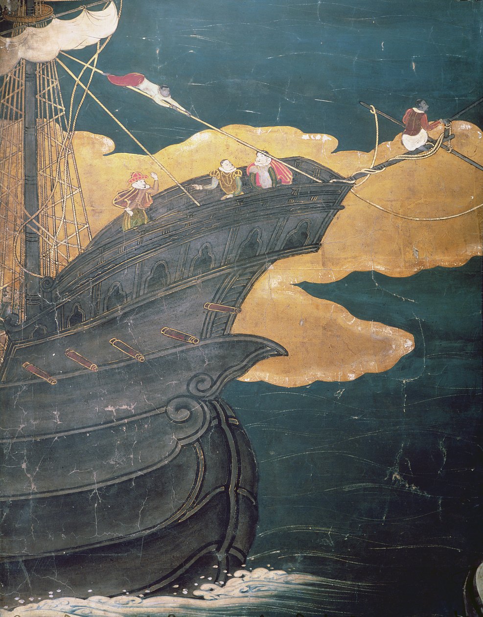 A portugálok érkezése Japánba, részlet a hajó orráról, egy Namban Byobu képernyőről, 1594-1618 alkotó: Japanese School
