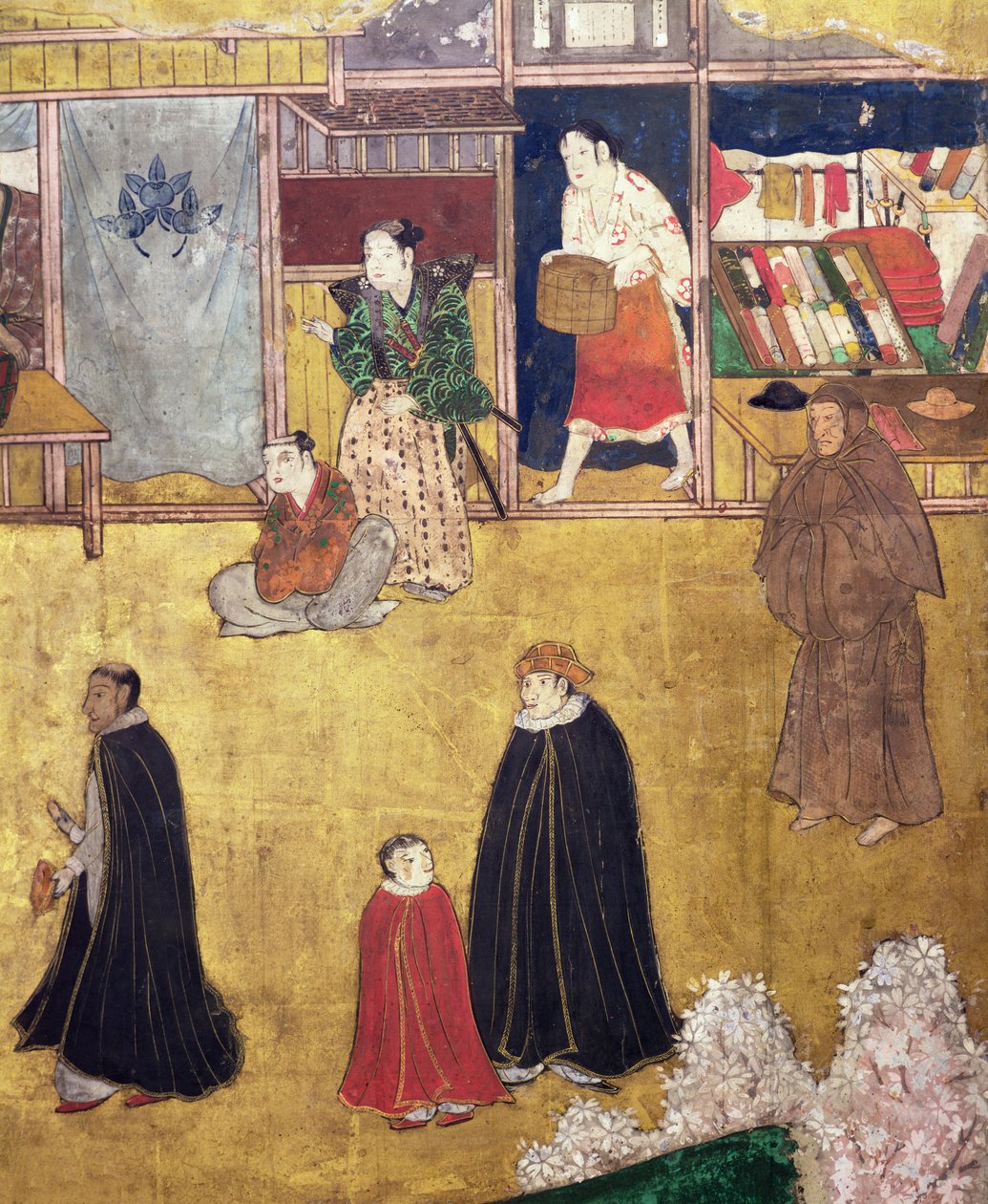 A portugálok érkezése Japánba, üzletek részlete egy Namban Byobu képernyőről, 1594-1618 alkotó: Japanese School