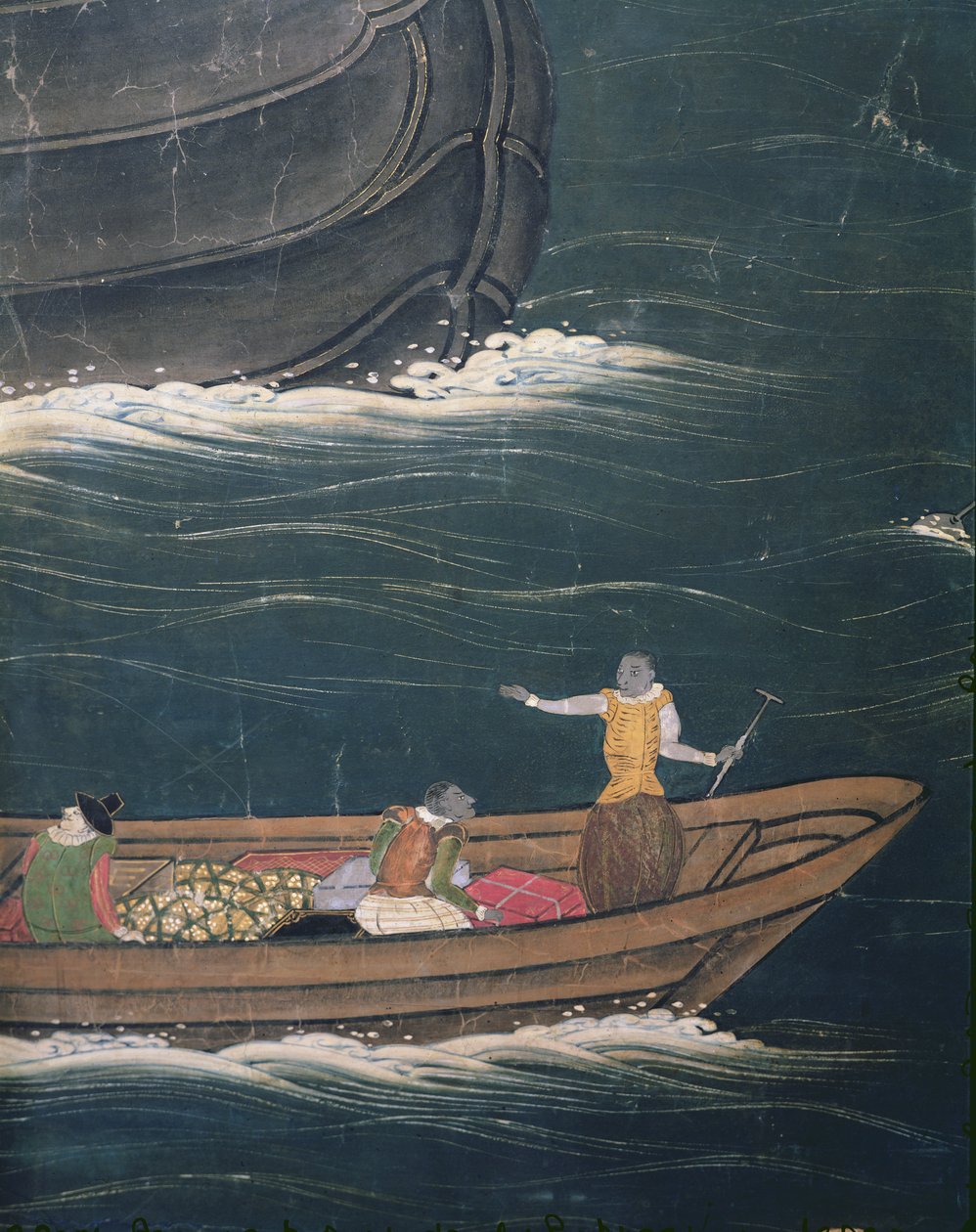 A portugálok érkezése Japánba, kis hajó részlete rakományokkal, Namban Byobu képernyőről, 1594-1618 alkotó: Japanese School