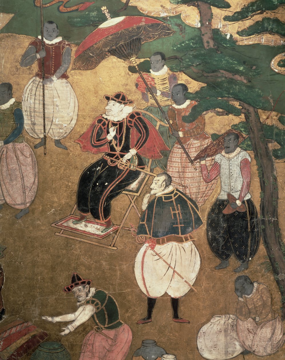A portugálok érkezése Japánba, részlet a kiszállást parancsoló portugálokról egy Namban Byobu képernyőről, 1594-1618 alkotó: Japanese School