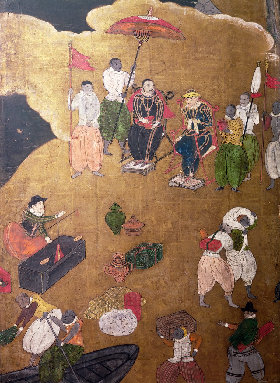 A portugálok érkezése Japánba, részlet a kiszállást parancsoló portugálokról, egy Namban Byobu képernyőről, 1594-1618 alkotó: Japanese School