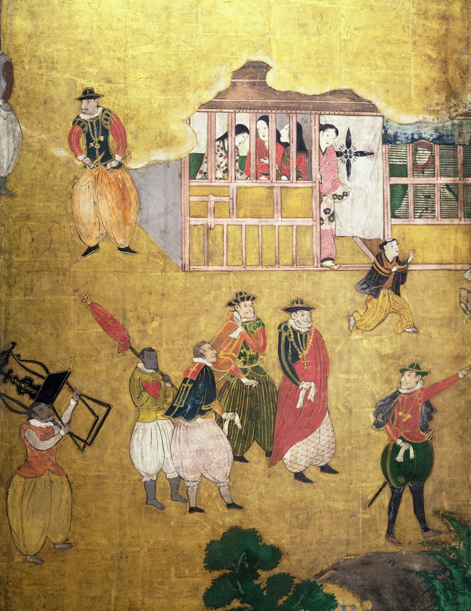 A portugálok érkezése Japánba, részlet a portugálokról egy Namban Byobu képernyőről, 1594-1618 alkotó: Japanese School