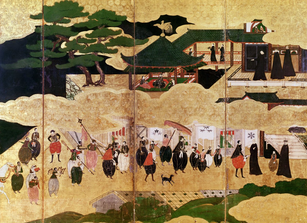 A portugálok megérkezése Japánba, részlet egy összecsukható paraván jobb oldali részéből, Kano iskola (lakk) alkotó: Japanese School
