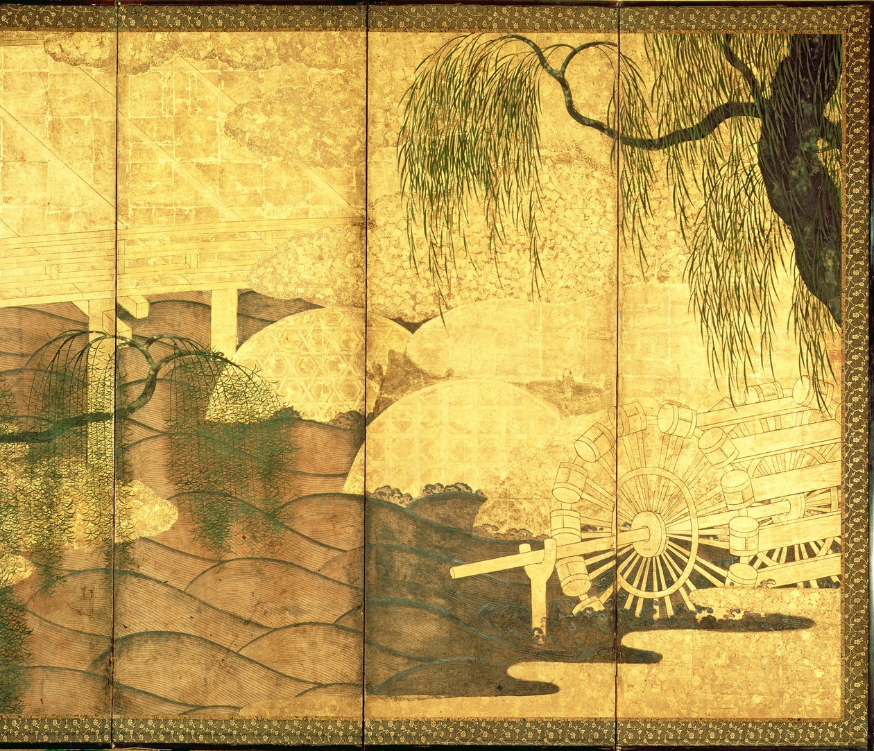 A híd a Liji folyón (toll és tinta, színes és arany papír a panelen) (lásd: 216569) alkotó: Japanese School