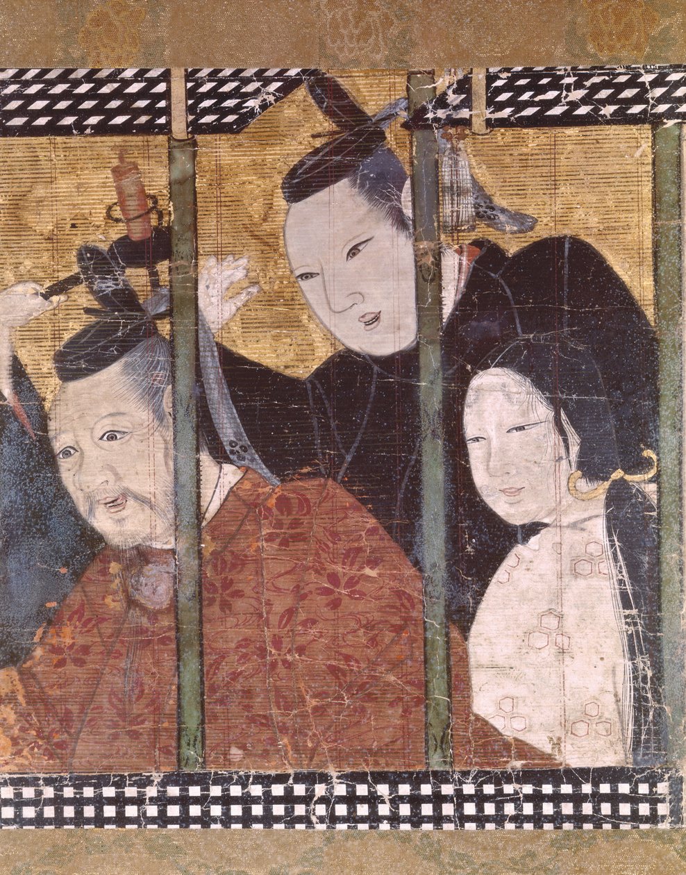 Két férfi és egy nő napellenző mögött, részlet egy paravánról, XV-XVIII alkotó: Japanese School