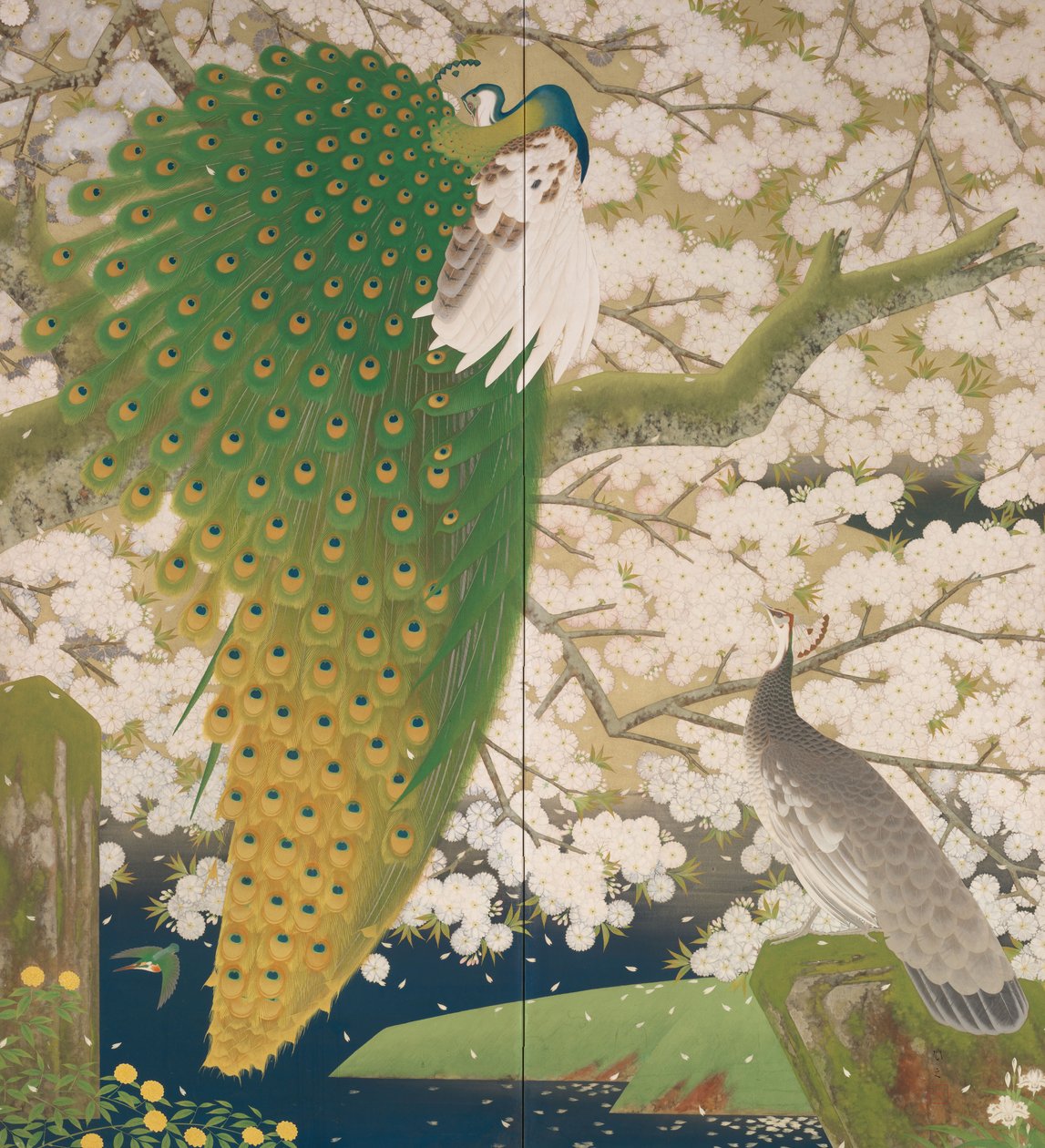 Pávák és cseresznyefa, 1925 körül (fém és színes papír) alkotó: Japanese School