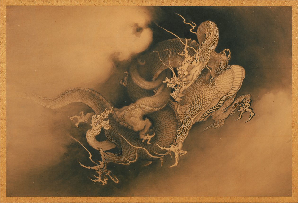 Két sárkány a felhőkben alkotó: Japanese Kanō Hōgai