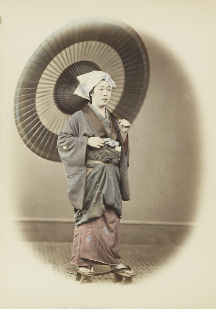Japán nő esernyős (kézzel festett fekete-fehér fotó) alkotó: Japanese Photographer