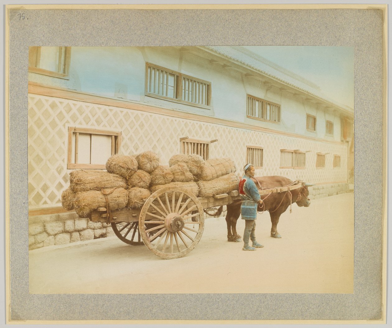 Férfi ökörrel és szekérrel, Japán (kézzel színezett fekete-fehér fotó) alkotó: Japanese Photographer
