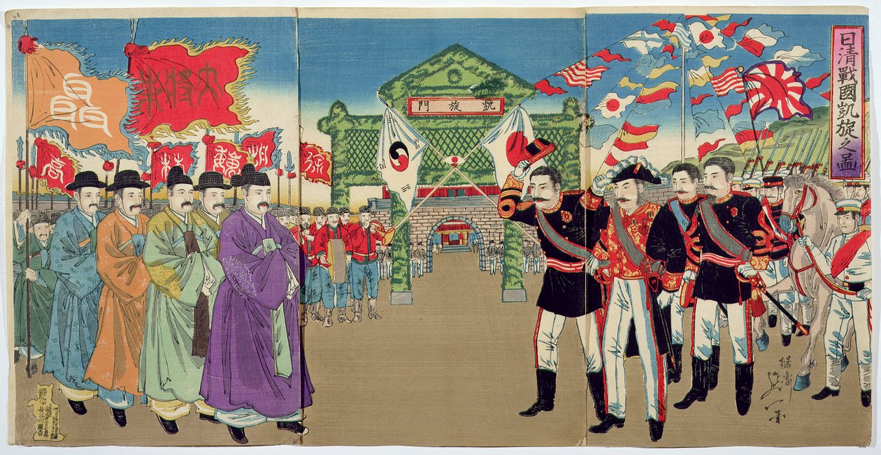 Találkozó japán tisztek és koreai tisztek között, egy epizód a kínai-japán háborúból, 19. század vége (színes fatömbnyomat) alkotó: Japanese School