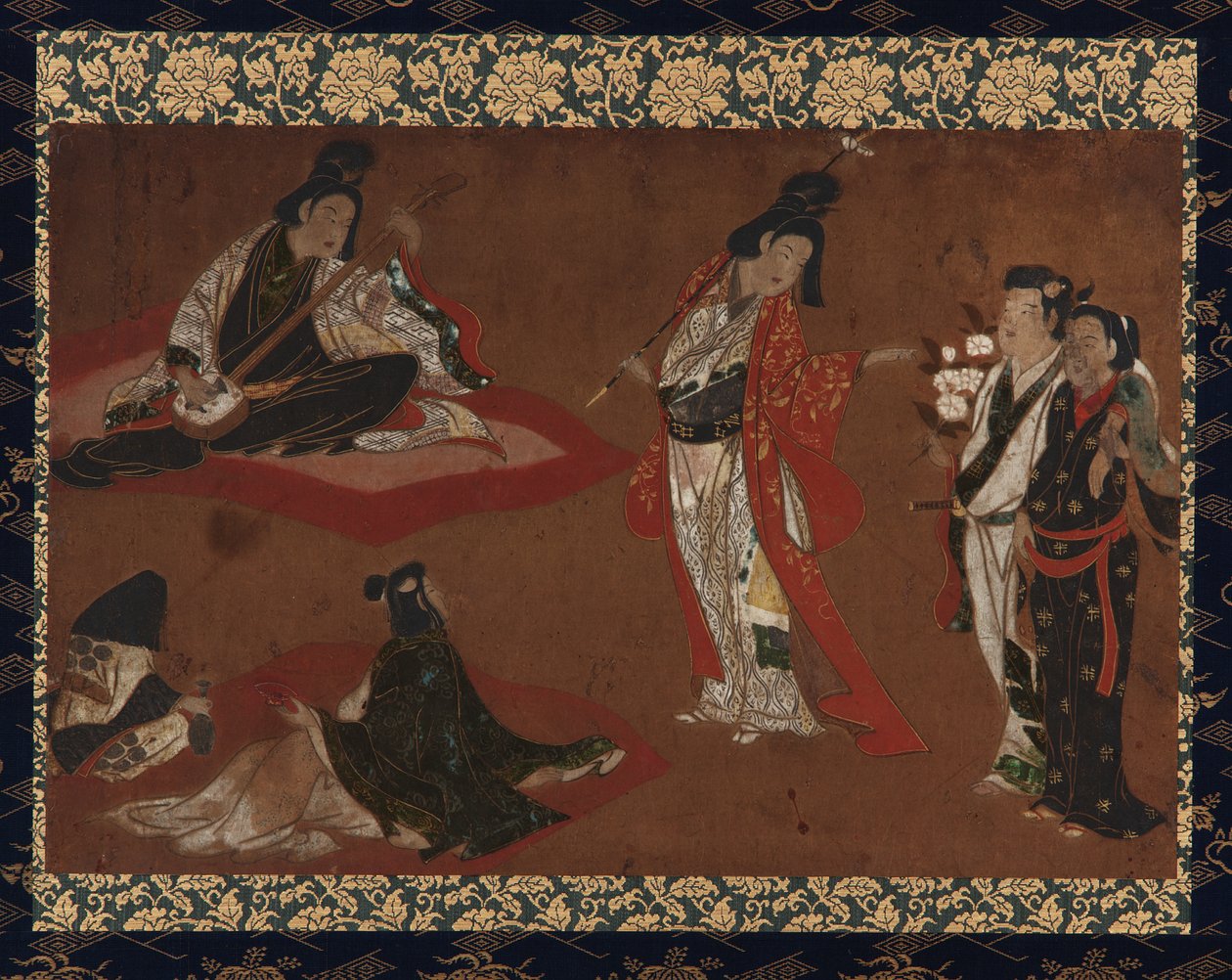 Piknikparti, függő tekercs (panelre szerelve), 17. század eleje (szín és arany a papíron) alkotó: Japanese School