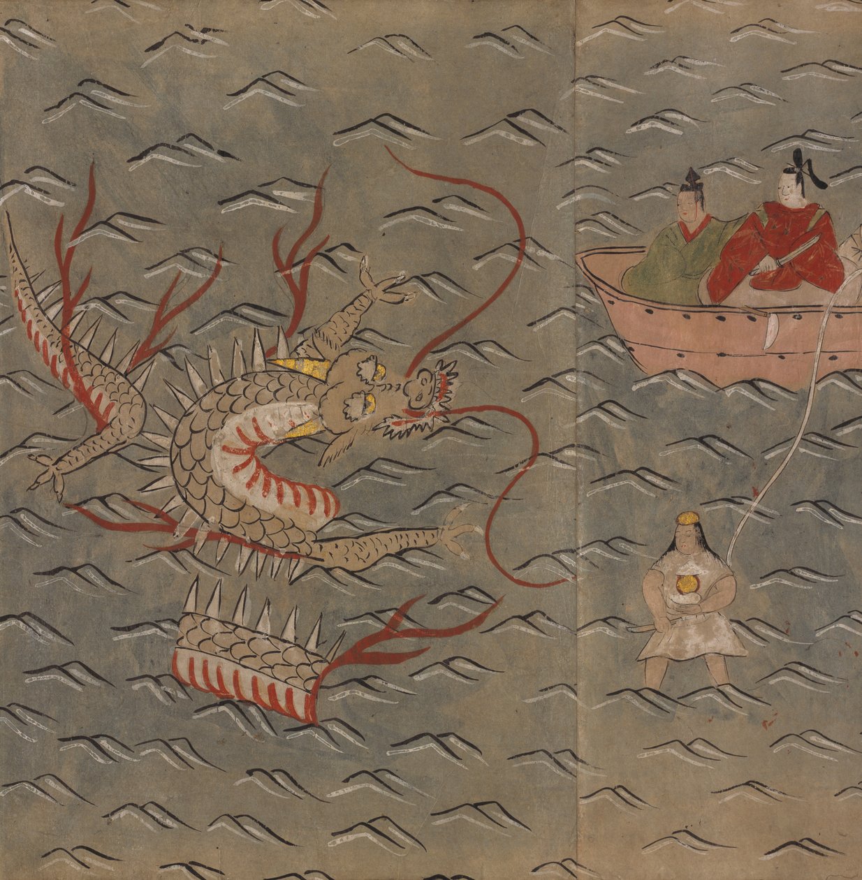 Sárkány és nő búvár, illusztráció a "Taishokkan"-ból (tinta és színes papíron) alkotó: Japanese School