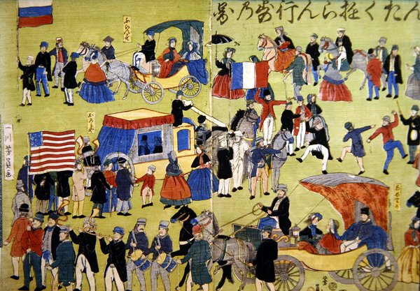 Amerikai, holland és francia látogatók érkeznek a japán Jokohamába, 1860 körül (színes fametszet) alkotó: Japanese School