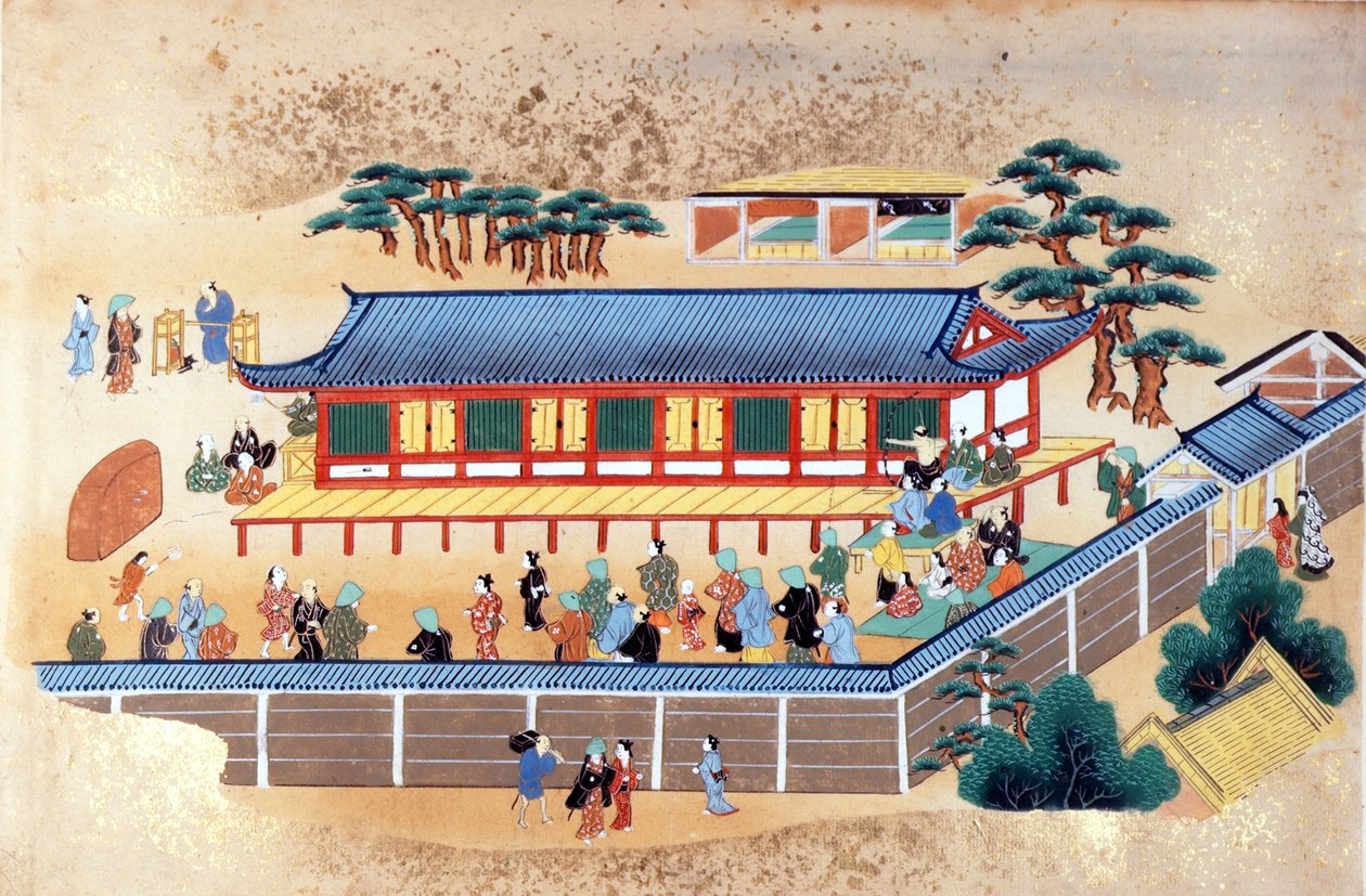 Íjászverseny, Engelbert Kaempfer „Kaempfer Japán és Kínai Művészeti Gyűjtemény” illusztrációja, 1672 körül (színes litó) alkotó: Japanese School