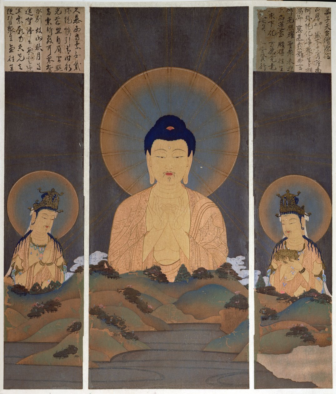 A buddhista szentháromság, Amitábha Buddha és két bódhiszattvája, Kannon (együttérzés) és Seishi (bölcsesség) megjelenése a hegyen, illusztráció a 