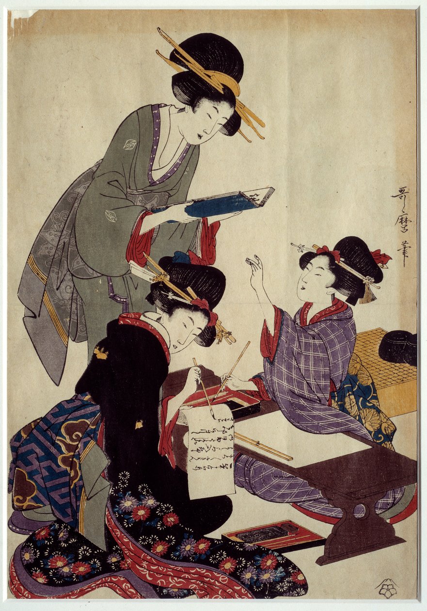 Art Japan: a shogi játék (hagyományos japán sakkjáték) megírása. századi nyomatok. Coll. Mozog. alkotó: Japanese School