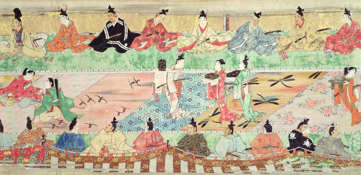 Bankettjelenet a 17. század eleji Muramatsu meséjének festett tekercséből (toll és tinta, wc, gouache, ezüst és arany papíron) alkotó: Japanese School