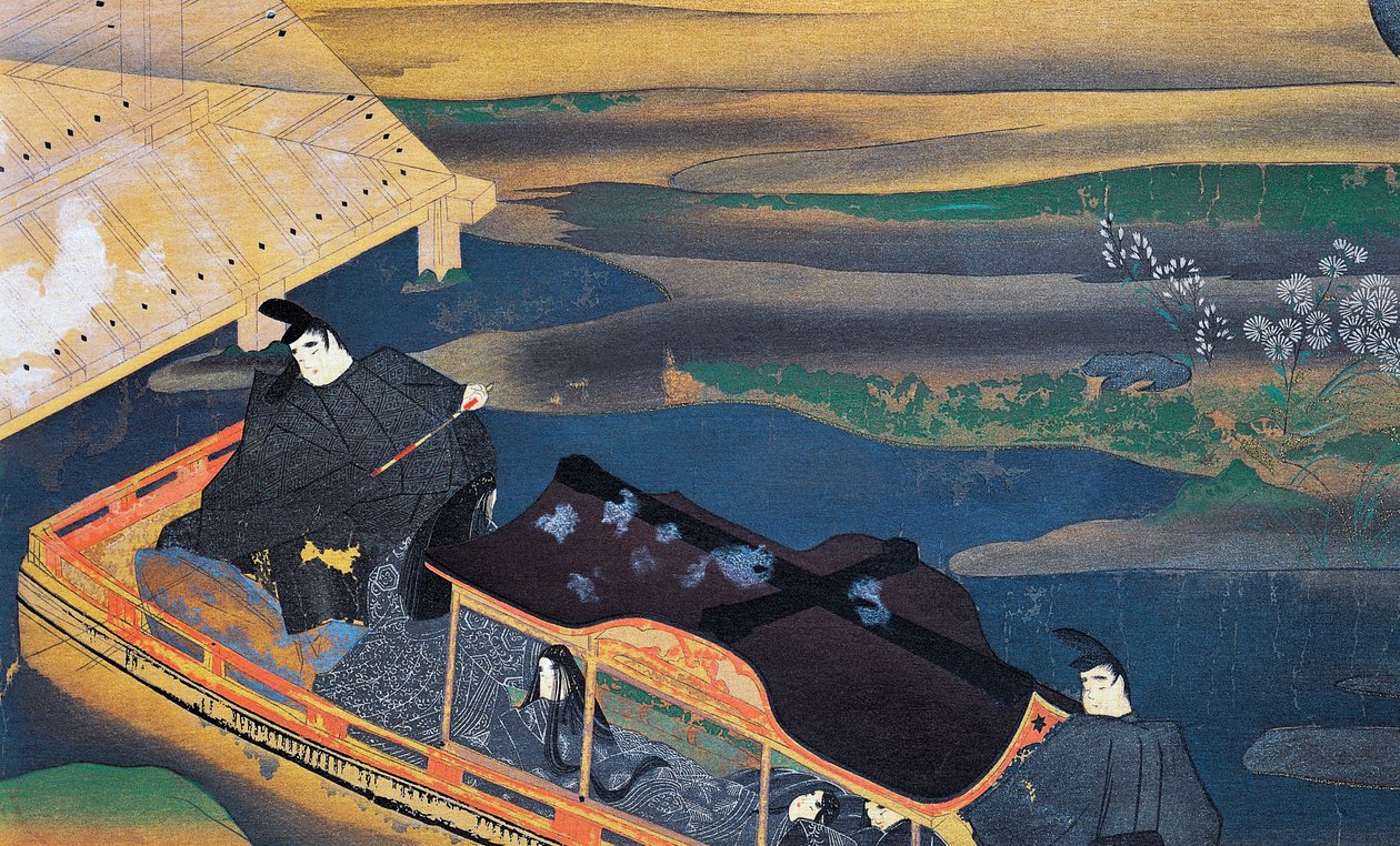 Hajó a holdfényben, Fujiwara Nobuzane (1176-1265), illusztráció Murasaki Shikibu, japán civilizáció naplójából alkotó: Japanese School