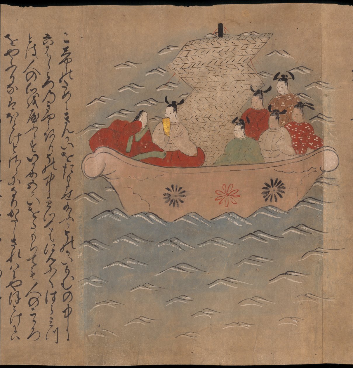 Kínai követek csónakban, illusztráció a Taishokkanból (tinta és színes papíron) alkotó: Japanese School